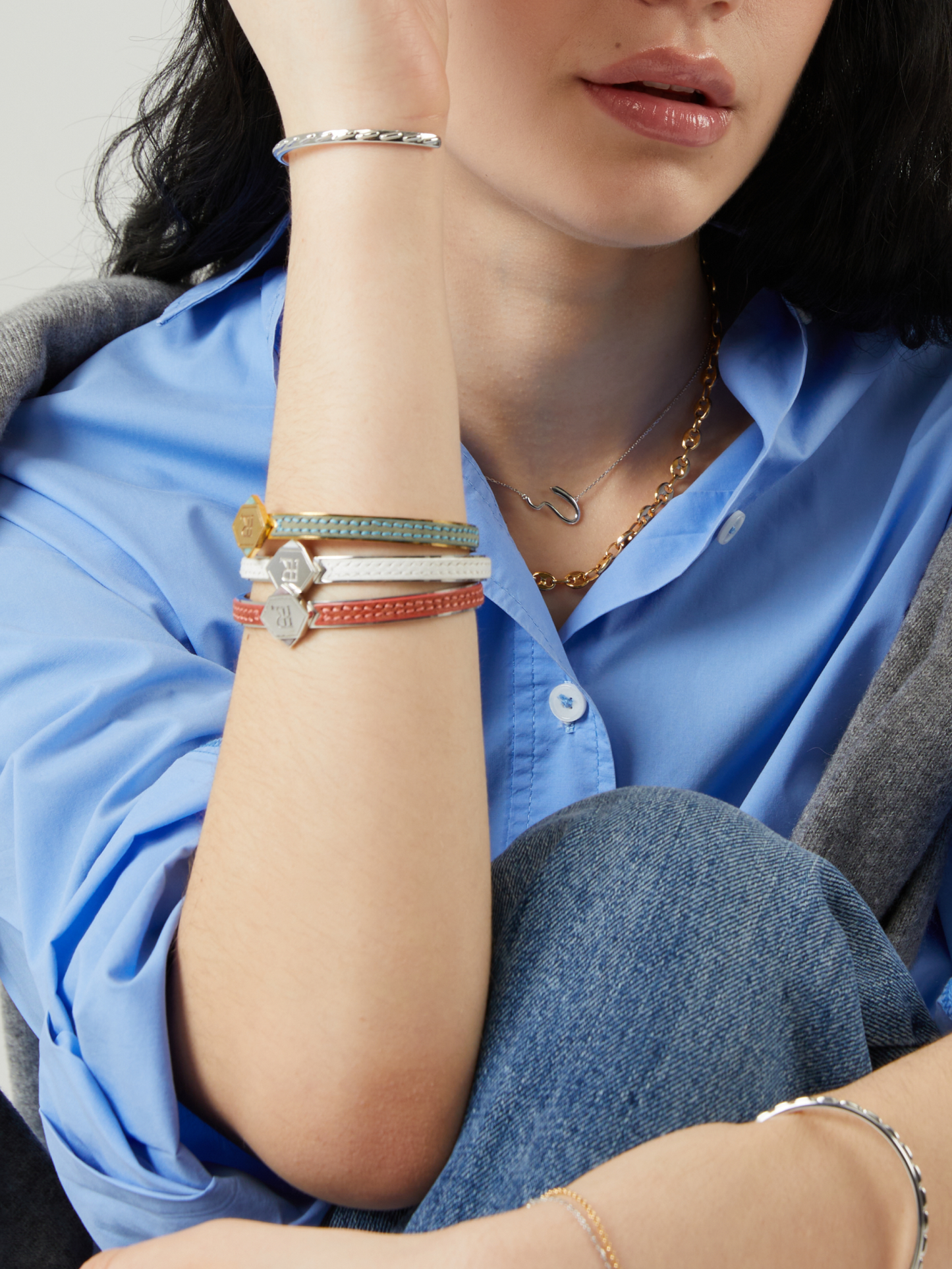 Twined Leather Bracelet, Small, White Texture, White Nacre