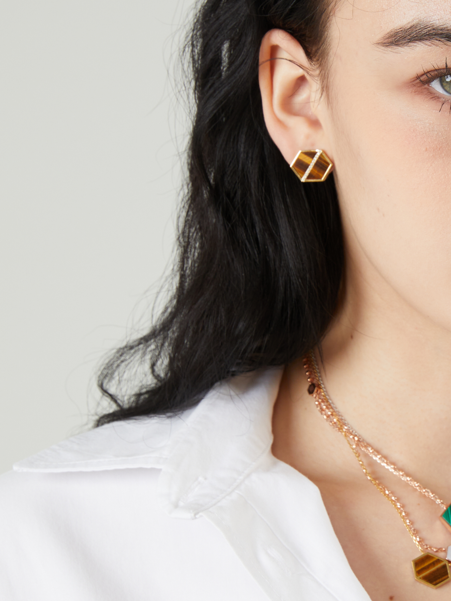 VOID Filled By You Earrings, Large, Diagonal, Tiger's Eye, Diamond